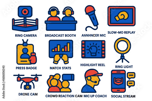 Boxing Media Icons. Flat vector icons of boxing media and broadcasting: ring camera, broadcast booth, announcer mic, slow-mo