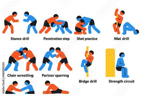 Wrestling Training Icons. Flat vector icons of wrestling training: stance drill, penetration step, shot practice, mat drill, chain