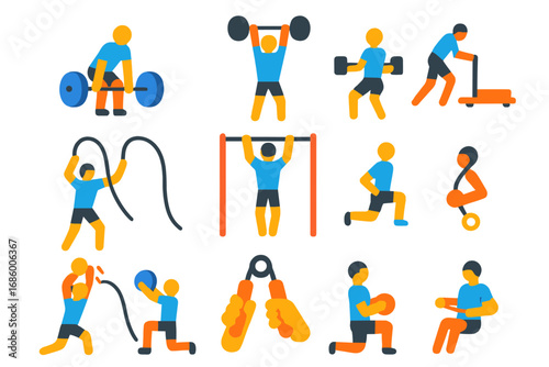 Wrestling Training Icons. Flat vector icons of wrestling strength training: deadlift, squat, clean and press, sled push, rope slam