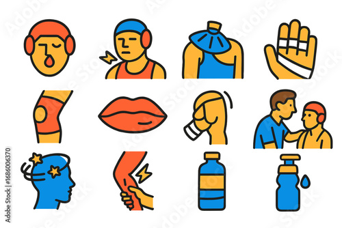 Wrestling Injury Icons. Flat vector icons of wrestling injuries and recovery: nosebleed, neck strain, shoulder ice pack, taped