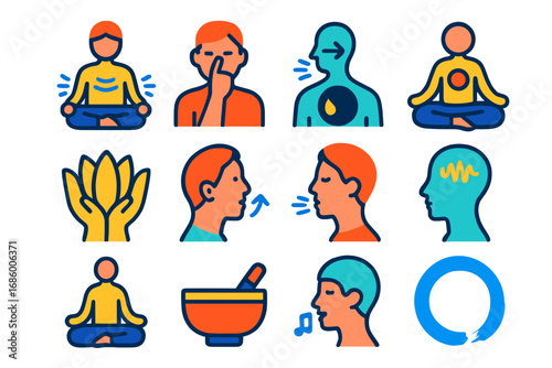 Yoga Breathing Icons. Flat vector icons of yoga breathing and meditation: seated breath, alternate nostril breathing, breath focus