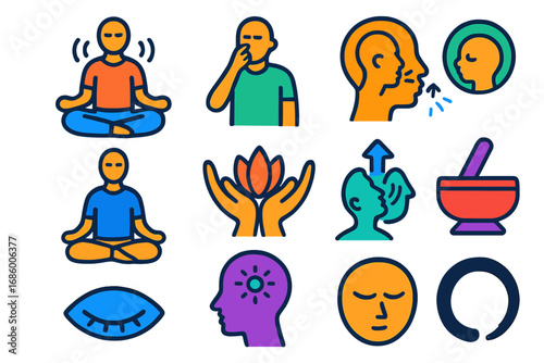 Yoga Breathing Icons. Flat vector icons of yoga breathing and meditation: seated breath, alternate nostril breathing, breath focus