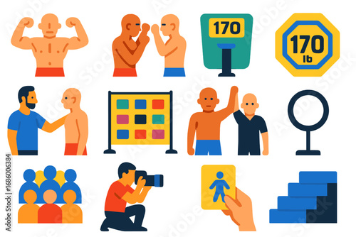 MMA Weigh-In Icons. Flat vector icons of MMA weigh-in event: fighter flex, faceoff pose, scale reading, weight class badge, coach