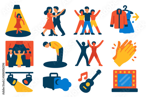 Dance Performance Icons. Flat vector icons of dance performances: spotlight solo, partner routine, group choreography, costume
