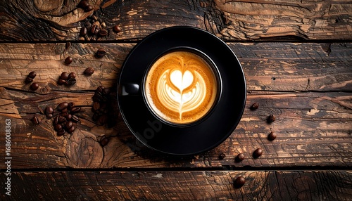 Latte art on a rustic wooden table