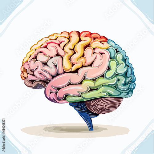 Vibrant illustration of the human brain, showcasing its intricate structures and colorful lobes, symbolizing knowledge and creativity