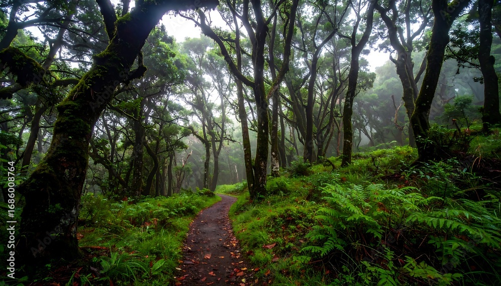 Fototapeta premium Lush green forest path, sunlight filtering through misty canopy, creating a tranquil landscape