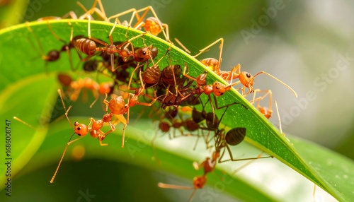 Close-up of red ants on a leaf