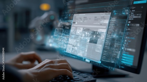 A focused shot of a users hands typing on a keyboard the monitor in the background showing a detailed menu of available firmware packages for cobots emphasizing userfriendly navigation.