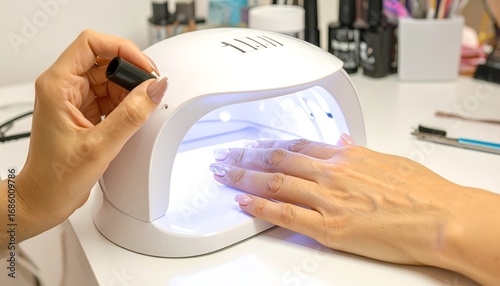 Close-up of a hand with manicured nails in a UV lamp for curing gel polish