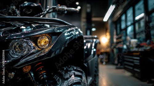 Closeup on a quad bike undergoing meticulous polishing in a service bay highlighting shiny surfaces while the surroundings remain softly blurred.