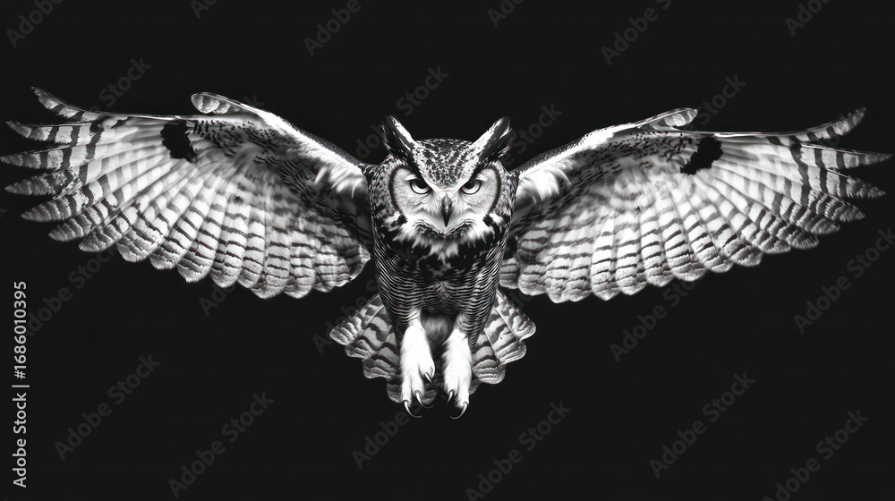 Naklejka premium Majestic Owl in Flight: A Monochrome Masterpiece