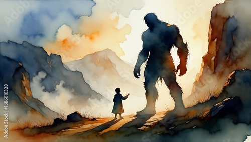 Symbolic Encounter: Small Figure Facing Giant Silhouette