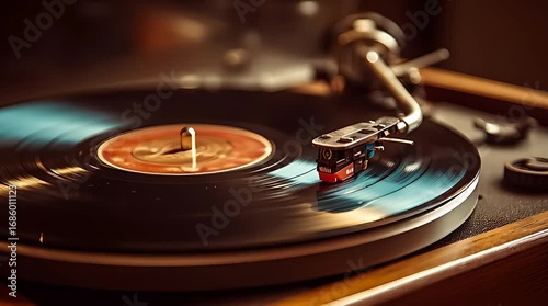 Vintage Turntable Playing Classic Vinyl Record in Warm Ambient Light