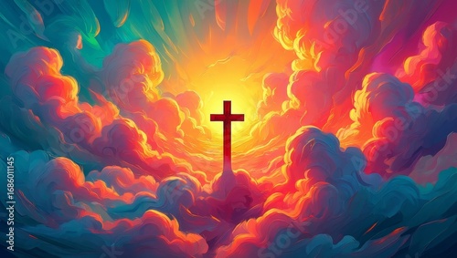 Holy Cross in Vibrant Cloudscape - Religious Symbolism