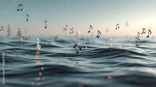 Floating Musical Notes Above Calm Water Surface at Sunrise or Sunset