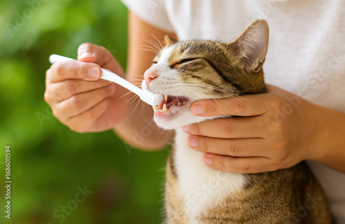 Cat owner brushing cat's teeth with toothbrush.Pets dental care concept.