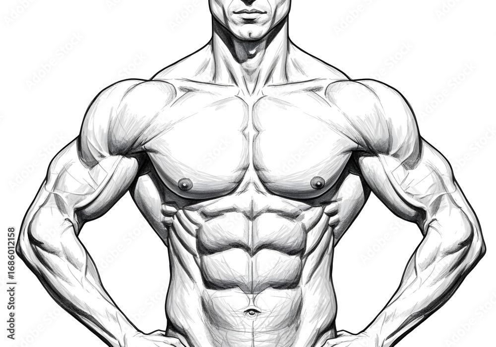 Fototapeta premium Detailed Sketch of a Muscular Male Torso Anatomy Drawing: A Fitness and Bodybuilding Art Illustration