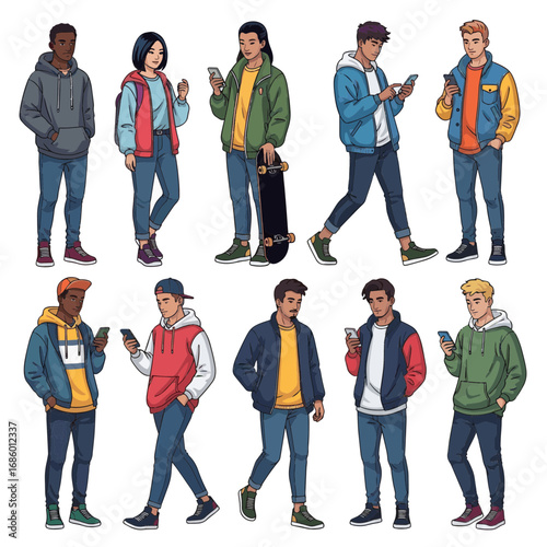 Diverse group of young adults and teenagers in modern casual fashion using smartphones