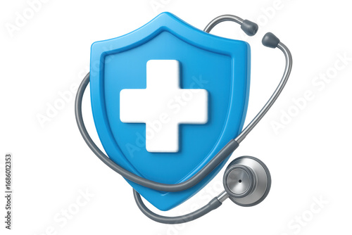 Stethoscope Wrapping Around Blue Medical Shield with White Cross on Transparent Background