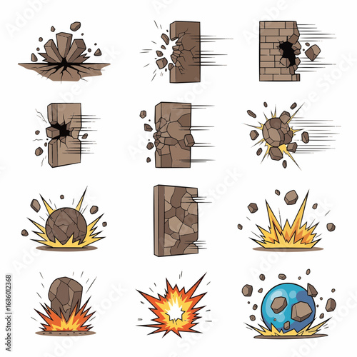 Illustration of breaking, cracked, and explosion effects on brick and stone, different perspectives