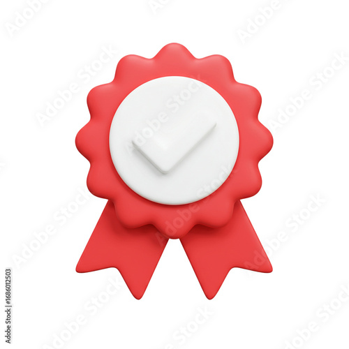 A vibrant red and white award ribbon with a checkmark symbol, representing achievement, approval, and validation in a rendered illustration.