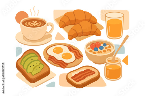 Delicious Breakfast Spread Featuring Coffee, Croissants, Eggs, Bacon, Avocado Toast, and Oatmeal with Berries