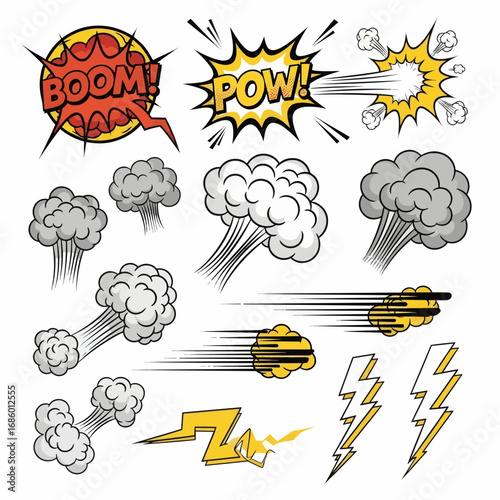 Vibrant comic book style graphic elements collection depicting action, impact, and speed for design