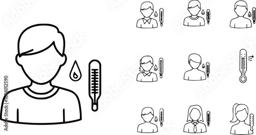 set of person with fever and thermometer outline icon vector
