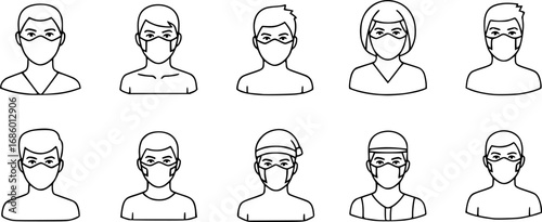 set of person wearing mask outline icon vector
