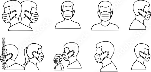 set of person wearing mask outline icon vector
