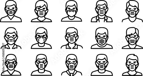 set of person wearing mask outline icon vector
