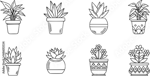 set of potted plant indoor outline icon vector
