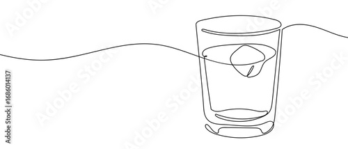 One ice cube in a glass. Continuous line art vector illustration. Editable stroke.
