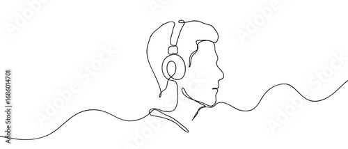 Side view of man wearing headphones listening to music. Continuous line art vector illustration. Editable stroke.