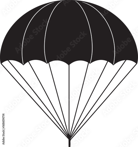 Black parachute canopy descending against a white background silhouette