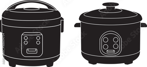 Two modern rice cooker appliances in a black silhouette