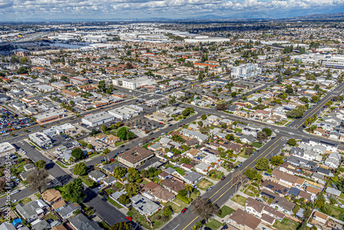 Buena Park, Orange County, CA, California, February 9, 2024: Aerial Drone View toward Beach Blvd, Artesia Blvd, Beach Blvd with Homes, Houses, Streets, Buildings, City View
