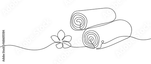 Spa illustration, towel and frangipani flower, continuous line art vector illustration, editable stroke.