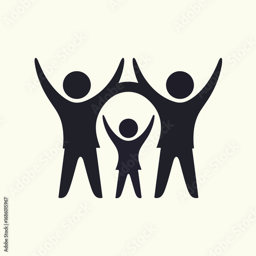 Happy family icon of two parents and a child with arms raised in joy and unity. A symbol of love, support, and togetherness