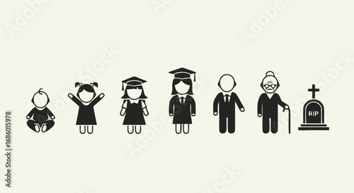 A conceptual illustration showing the different stages of the human life cycle, from infancy and graduation to old age and death