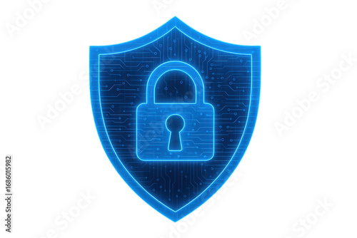 Glowing blue cybersecurity shield protecting digital information with transparent background