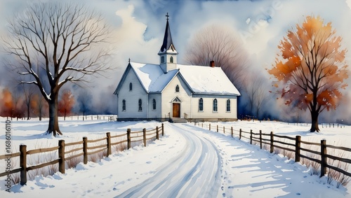 Snow-Covered Church in Winter Landscape - Watercolor Painting