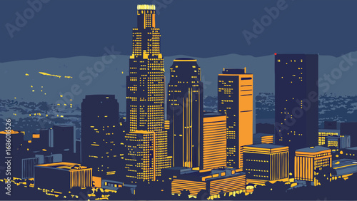 Night cityscape illustration illuminated skyscrapers urban architecture modern city skyline evening scene building lights downtown area city at night urban landscape night view metropolis high-rise b.