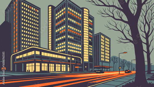 Night cityscape illustration modern city street at night urban landscape buildings street lights transportation vector art graphic design city at night evening city modern architecture urban scene ni.