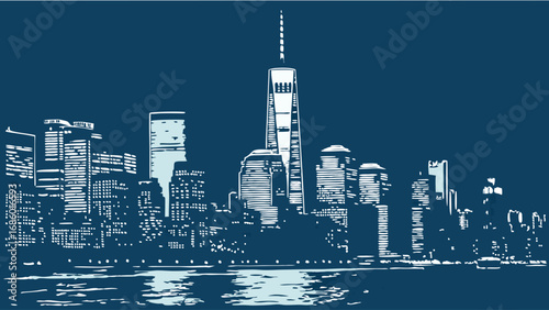 Night cityscape illustration modern city skyline at night urban architecture building illustration skyscrapers city lights dark blue background water reflection night view city panorama urban landsca.