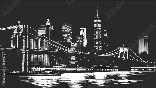 Night cityscape with bridge and skyscrapers black and white illustration urban art vector graphic.