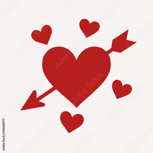 Cupid's arrow pierces a bold red heart surrounded by smaller hearts, symbolizing love's embrace.