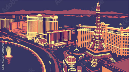 Night cityscape stylized illustration urban landscape architecture buildings tower fountain lights city view evening dusk modern city travel vacation tourism postcard poster banner design element gra.