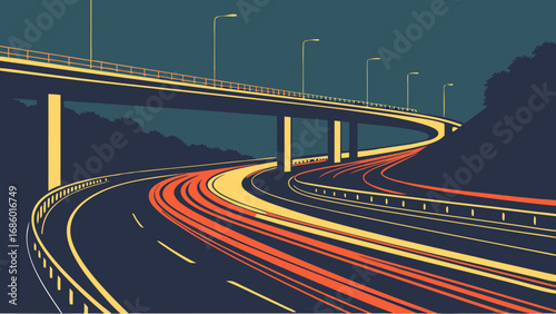 Night Highway Overpass with Traffic Light Trails Abstract Vector Illustration.